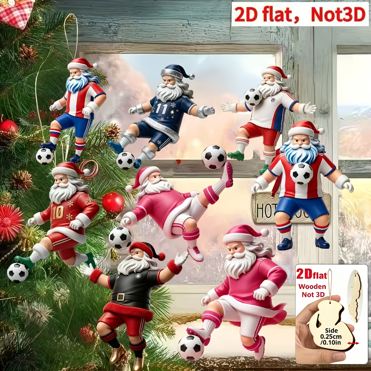 TEMU Soccer Event 2026 - [2d Flat] 8pcs, Christmas Halloween Novelty Wooden Ornaments, Santa Kicking Football, Home Kitchen Decor Hanging, Christmas