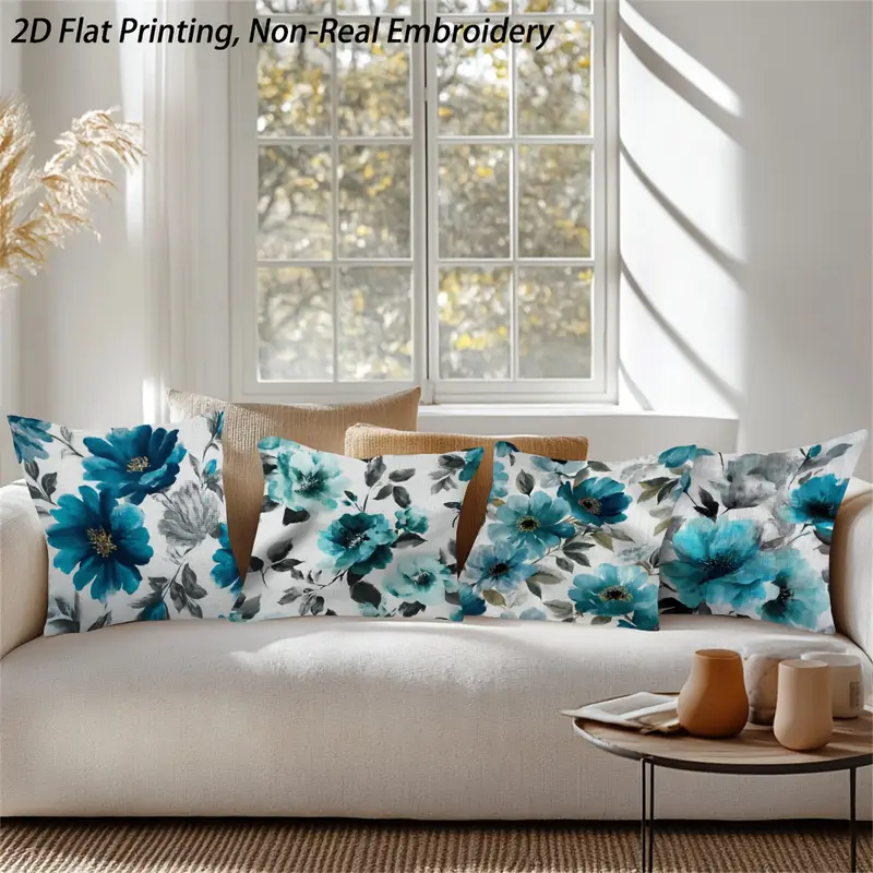 2d flat printing, 4pcs teal throw pillow covers, double-sided design, polyester, non-real embroidery, zipper, machine washable, contemporary style for sofa, bedroom, car, office decor - inserts not included, pillow for living room, beautiful modern cushion covers, bed pillows decor, sofa accessories, bedroom accents, floral pattern, durable fabric, covers, decorative pillows, interior designers, , 2d flat Product details 2