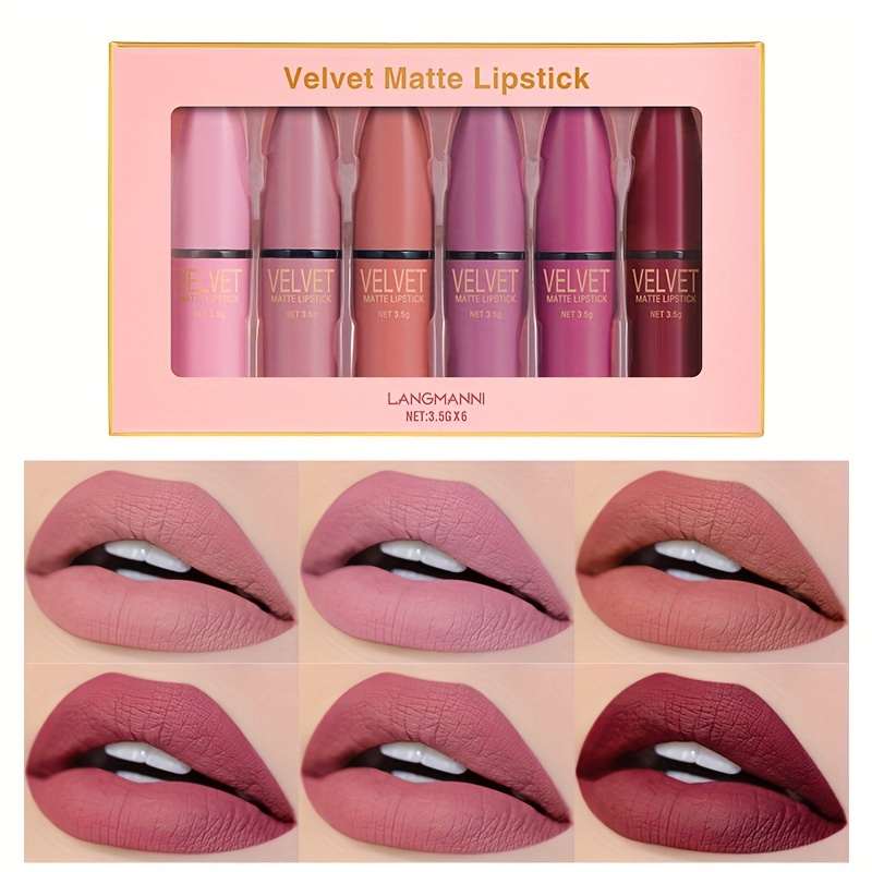 

6pc/set, Velvet Matte Lipstick Set, Long-lasting Creamy Lip Color, Non-stick Cup, Luxurious Velvet Finish, Full Coverage Lip Makeup, Beauty Gift Box, Ideal Gifts For Women