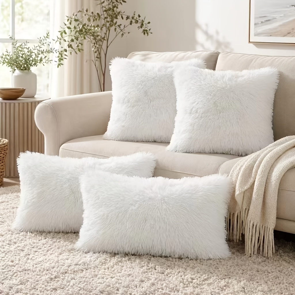 TEMU 4pcs Fluffy Throw Pillow Covers, Assorted Sizes 40x40cm & 30x50cm, Soft Plush Cushion Cases For Sofa Bedroom Living Room Decor, No Inserts