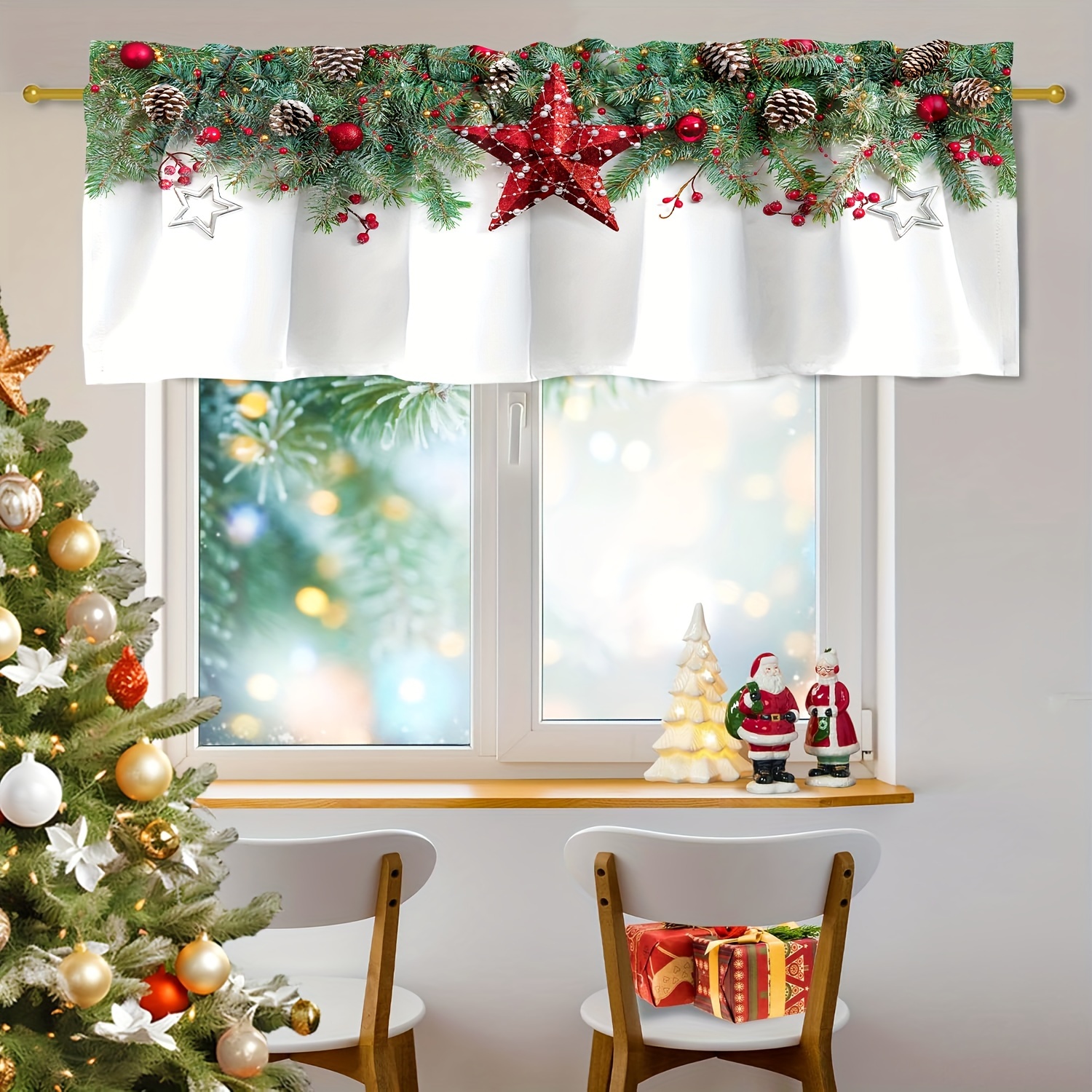 

1pc Christmas Holiday Valance, Green Christmas Branch Star Pattern Light-filtering Polyester Valance For Living Room And Dining Room, Machine Washable, Rod Pocket Hanging, 52x18 Inch