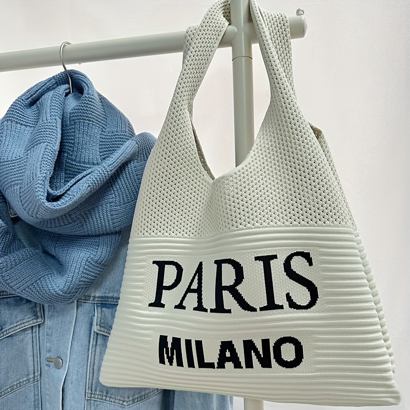 TEMU Fashionable Women's Knitted Shoulder Bag, Travel Beach Bag, Retro Letter Cut Knitted Tote Bag, Crochet Knitted Thread Fabric Shopping Bag ,