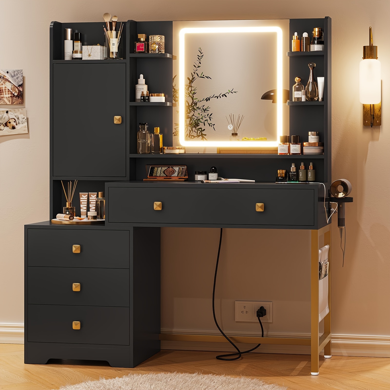 

Makeup Vanity Desk With Mirror And Lights, Vanity Table With Charging Station&drawer&nightstand For Bedroom, Black