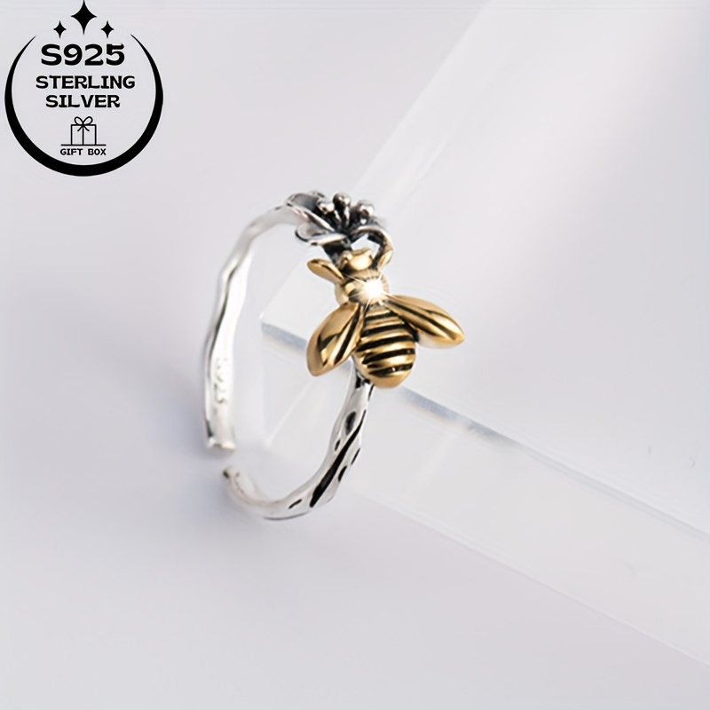 Vintage Boho 925 Sterling Silver Open Ring with Bee and Flower Charms