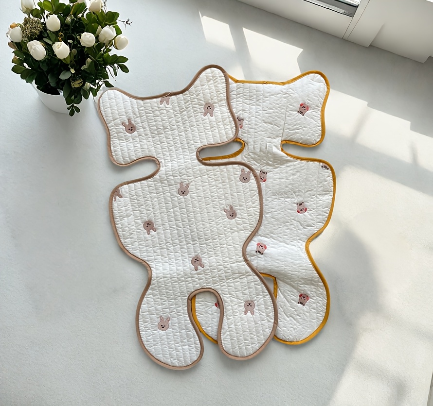 ベビーカー用シートクッション - 100%綿刺繍入りくまデザイン 通気性抜群 軽量 オール 対応 ベージュ コン ステッチ 柔らかい素材 赤ちゃんの移動用品 保護者必須アイテム 耐久性抜群 子育て必需品 商品詳細 1
