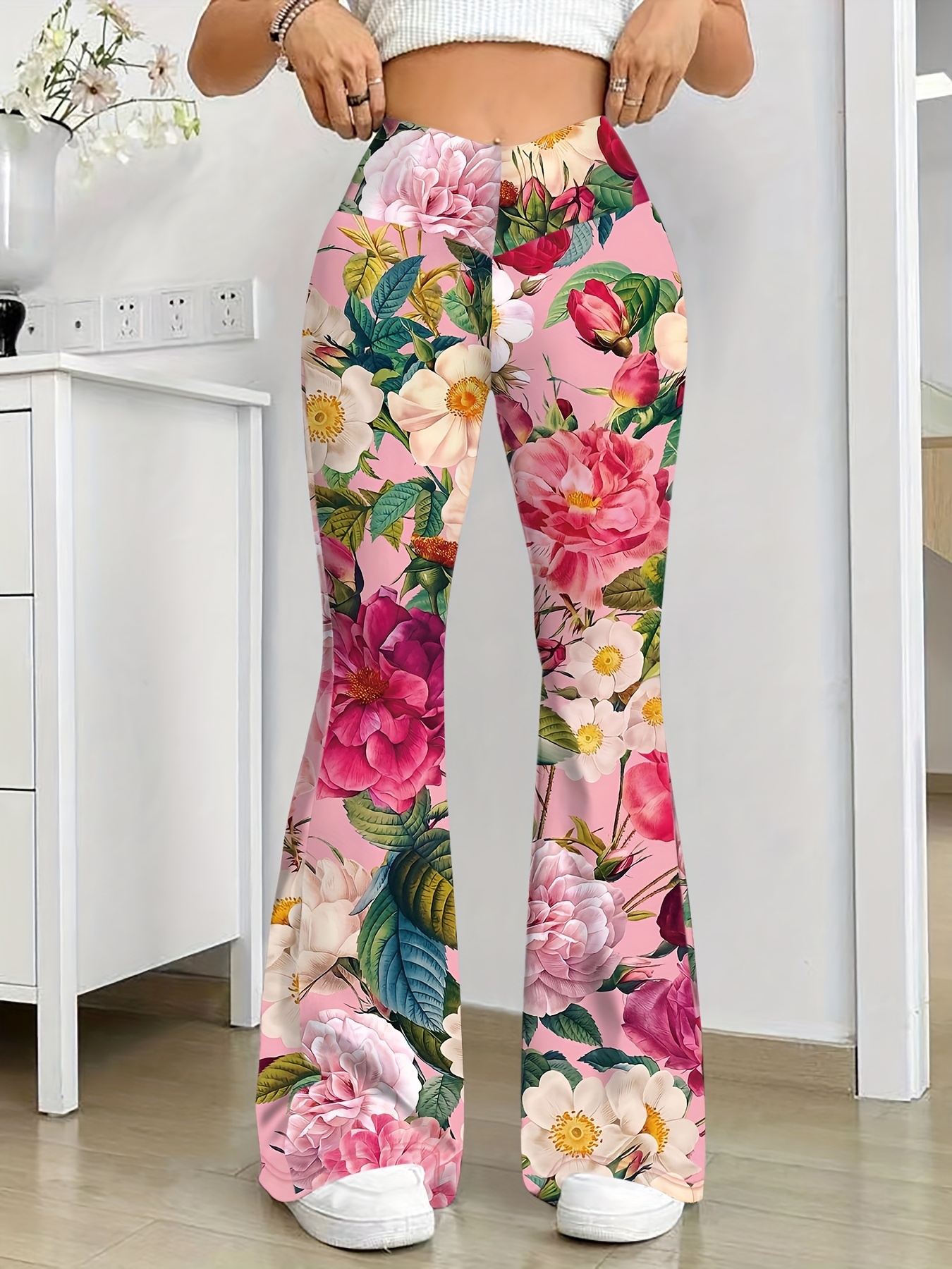 women's high waist floral print flare pants elegant pink Temu