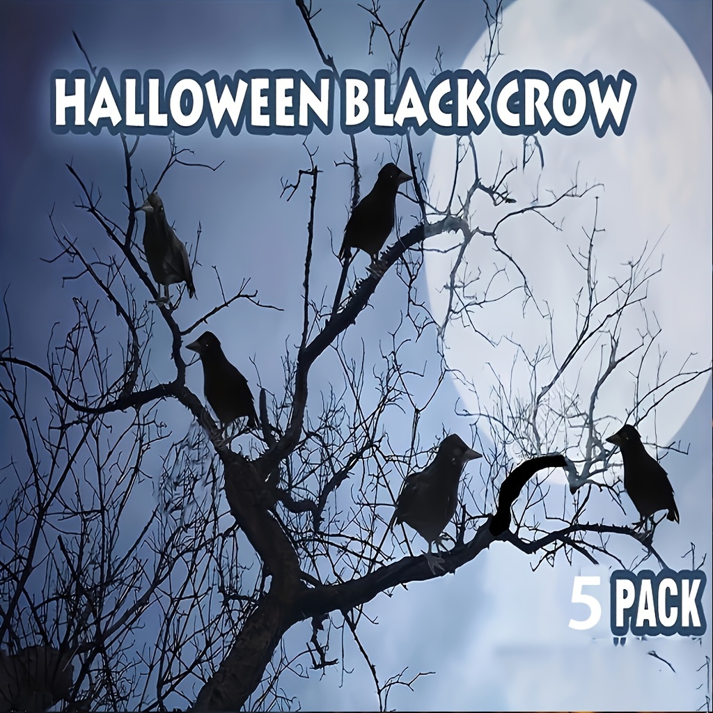 Image of 5/12pcs Halloween Decor Set, Realistic Feathered , Handcrafted Halloween Black Sculpture Ornaments, Party Props & Seasonal Indoor Decorations, Plastic
