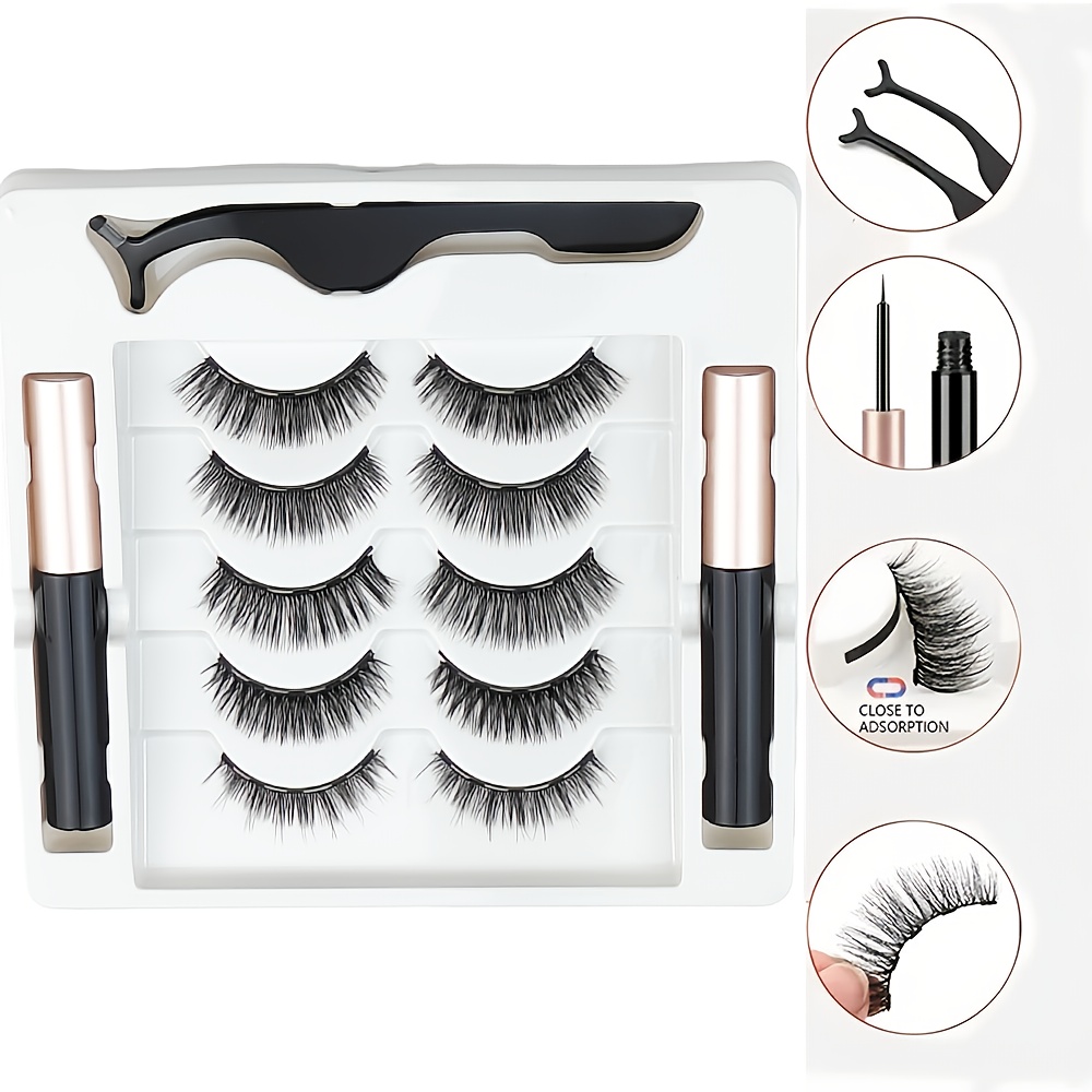 

8pcs Magnetic Eyelashes And Eyeliner Set - 5 Pairs Mixed Styles False Lashes With Applicator, 3d D , Reusable Fake Lashes, Strong Waterproof , Tweezers Included