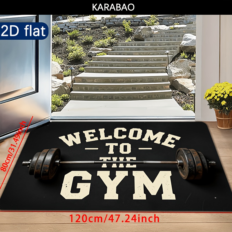 TEMU 2d Flat, 1pc Welcome To Gym Entrance Mat Weightlifting Barbell Pattern, Soft Fleece Material, 1.2cm Thick, 500g/sqm Weight, Machine Washable,