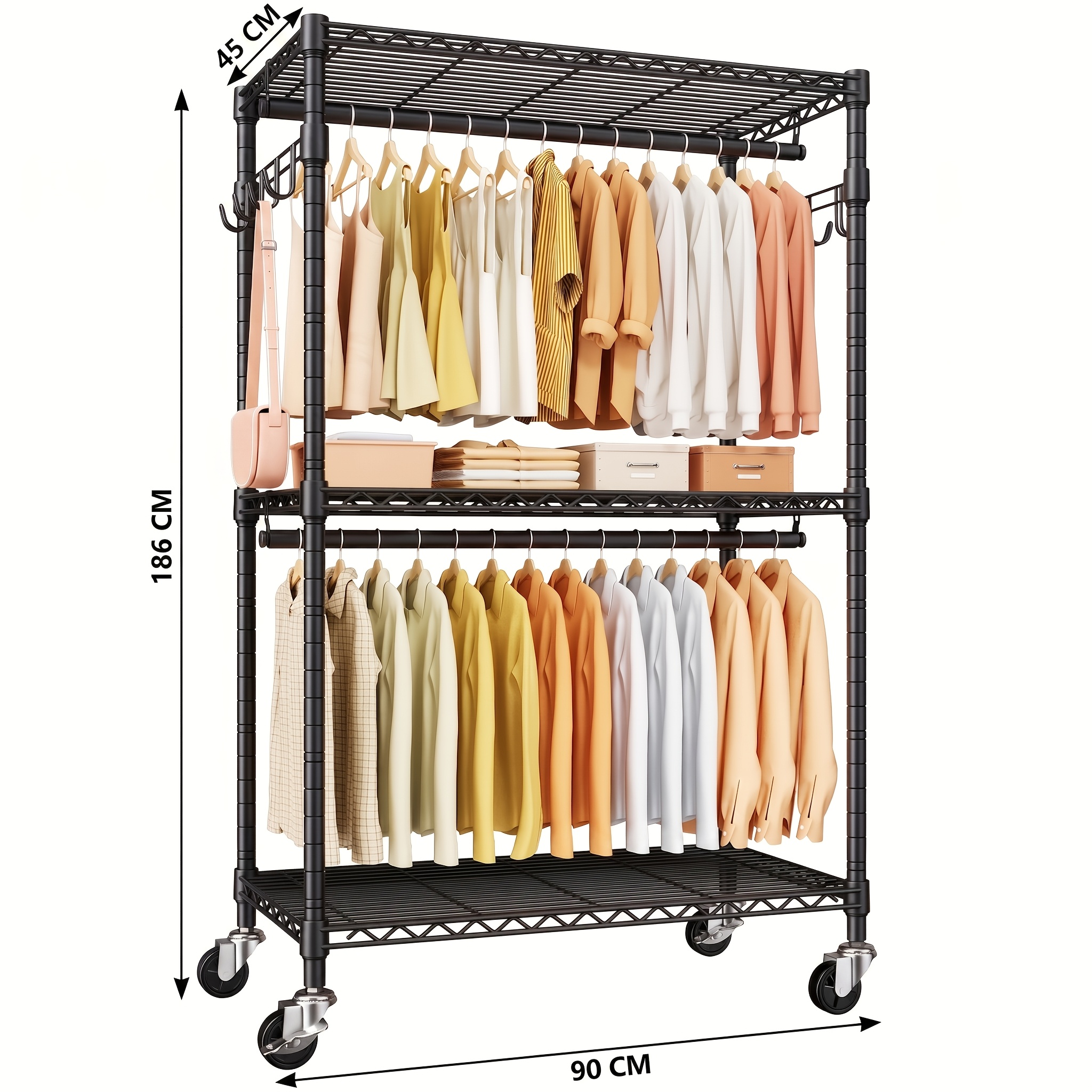 Image of Rolling Garment System | 3-tier With Dual Rods And 2 Side Hooks | 450lb Carbon Steel Closet On Locking Wheels | For Boutique/warehouse/home (80.5" H)