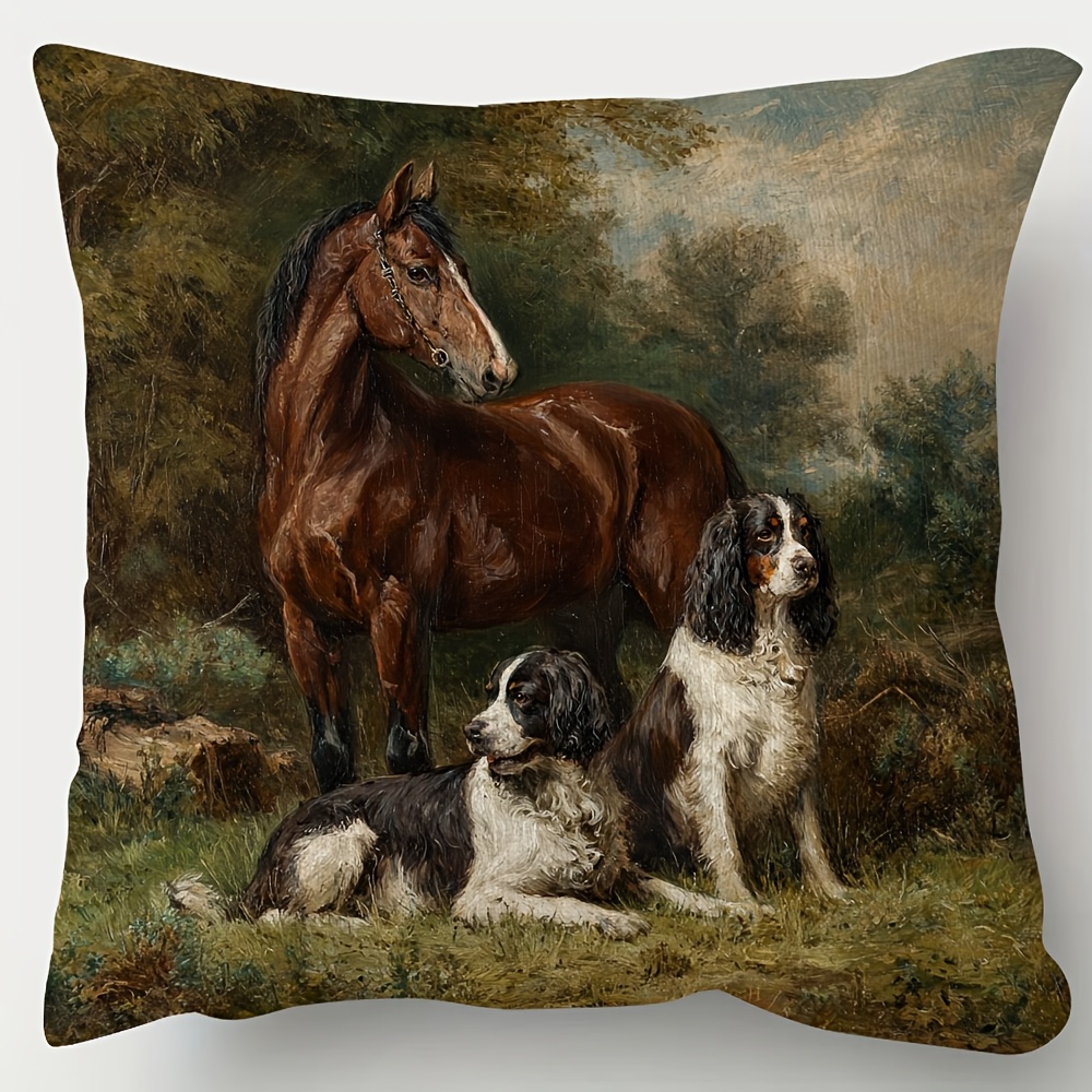 TEMU 1pc, Double-side Short Pillowcase, A Bay Horse With 2 Spaniels Throw Pillows Covers, Multiple Sizes Pillow Case, Suitable For Sofa, Living Room,