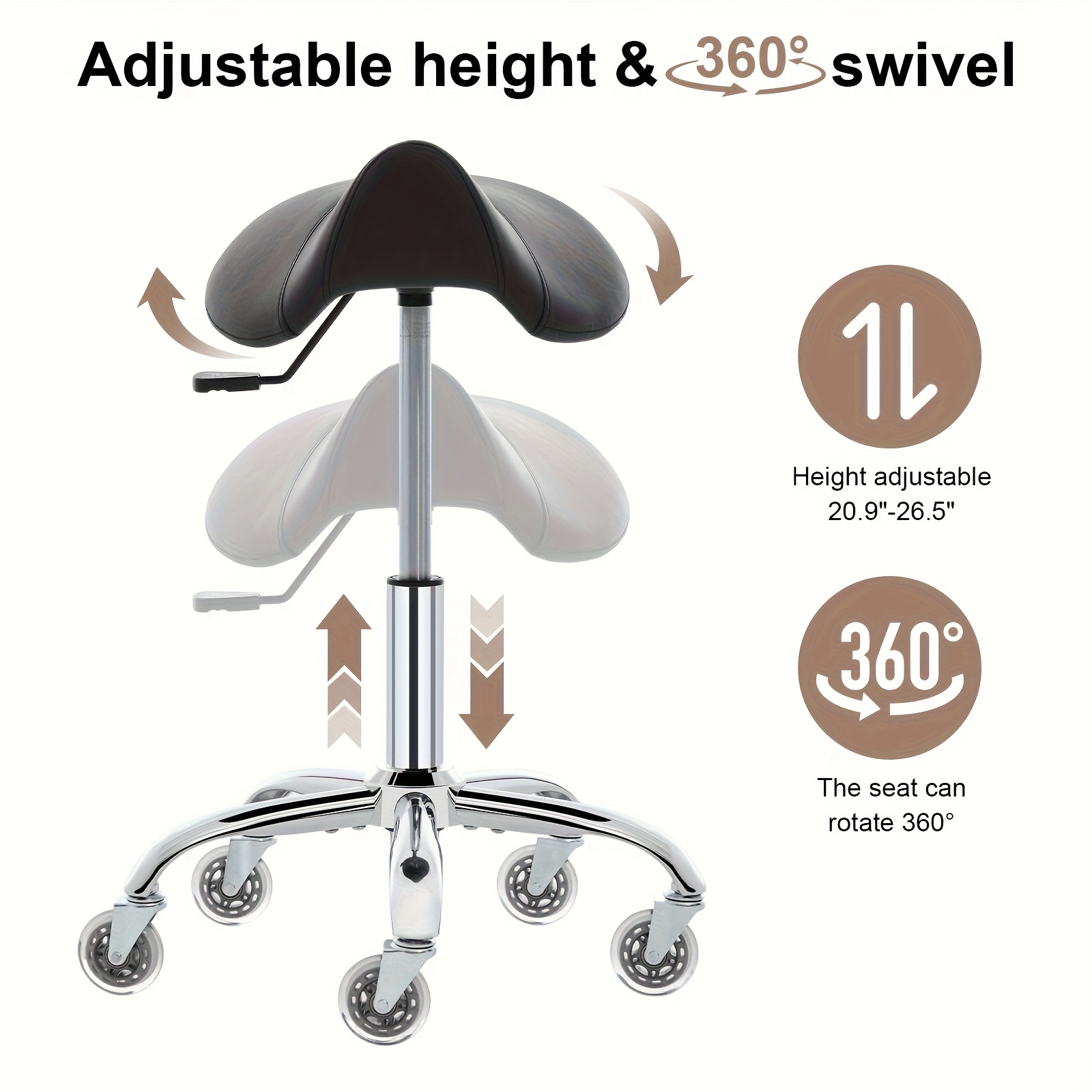 Swivel Adjustable PU Leather Chair - Ergonomic Saddle Stool with Wheels | for Drafting, Office, Clinic, Beauty & Tattoo - Metal Frame, Polished Finish, Memory Foam
