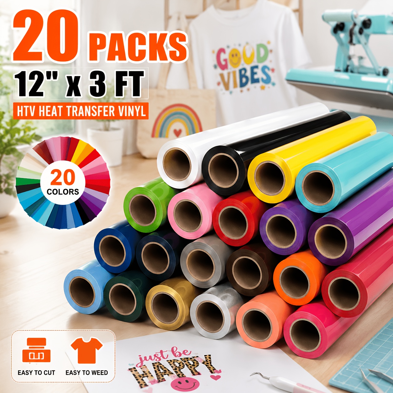 TEMU Heat Transfer Vinyl Bundle - 20 Pack 12'' X 3ft Iron On Vinyl For All Cutting Machine, Heat Transfer Vinyl For T Shirts, Vinyl Bundle With 20