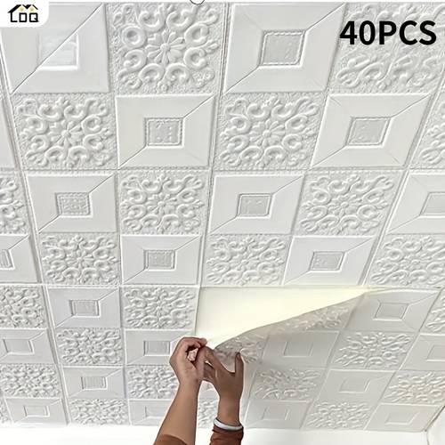 40pcs 3d wall tile sticker foam self anti collision wallpaper waterproof ceiling sticker easy to stick and peel easy to clean and free cutting for room bathroom 35 0x35 0cm