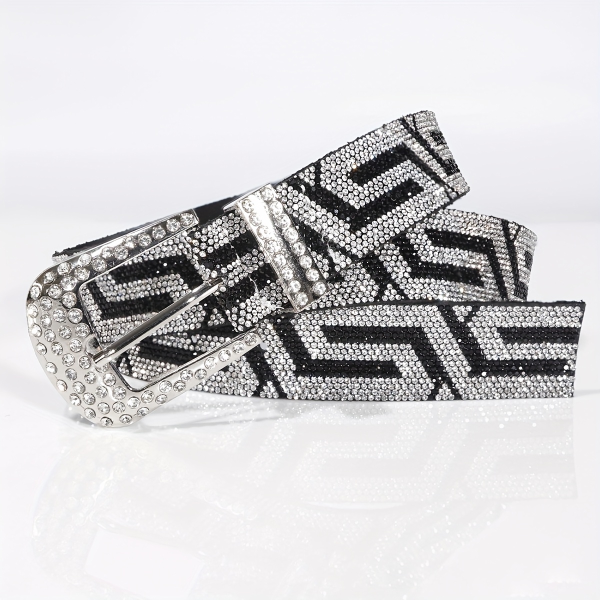 TEMU New Women's Fashionable Rhinestone Studded Belt, Unisex Striped Geometric Luxury 's Belt, Street Hip-hop Punk Rock Style Y2k Belt, Western Shiny