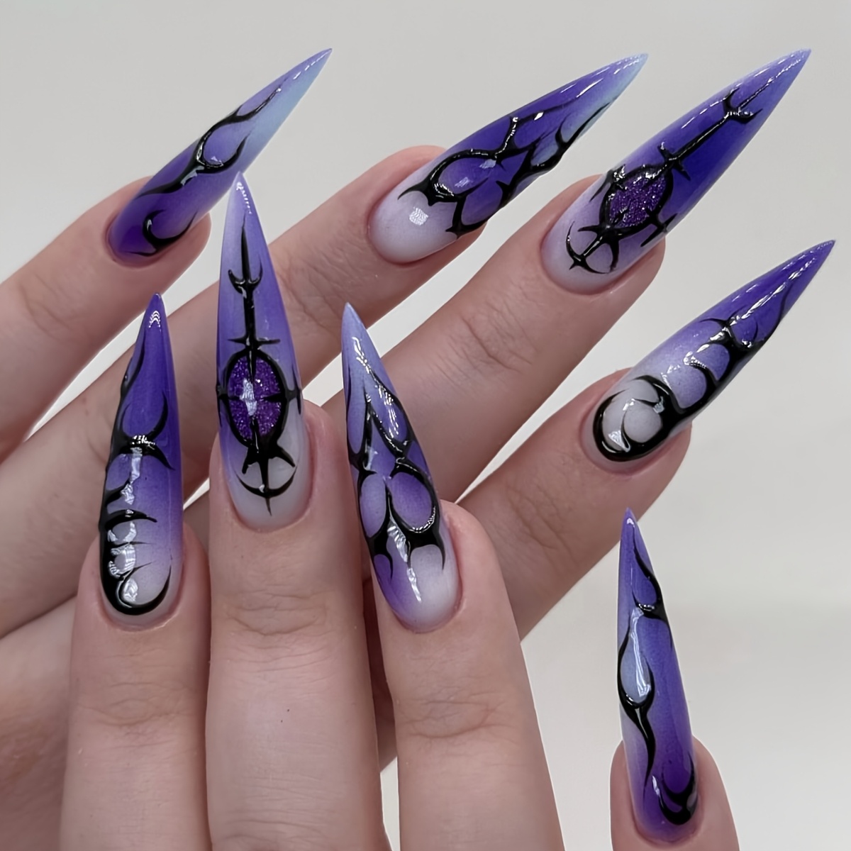 Stiletto Press On Nails Purple Amber Fake Nails With Flames And Purple Glitter Designs On Nails Glossy Acrylic False Nails Long Stiletto Nails Full Cover On Nails For Women 24pcs