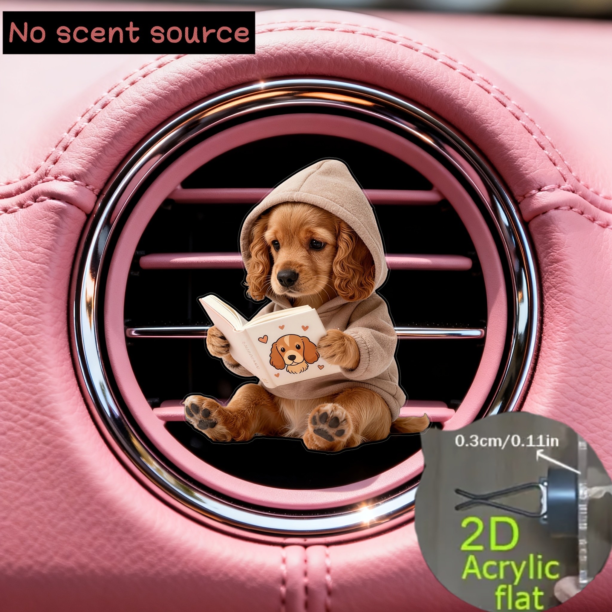 TEMU 2d Flat, 1pc Cute Roosterer Spaniel Reading Book Design Car Vent Clip, 2d Flat Acrylic Luxury Cartoon Ornament, Scent Diffuser, Car Air