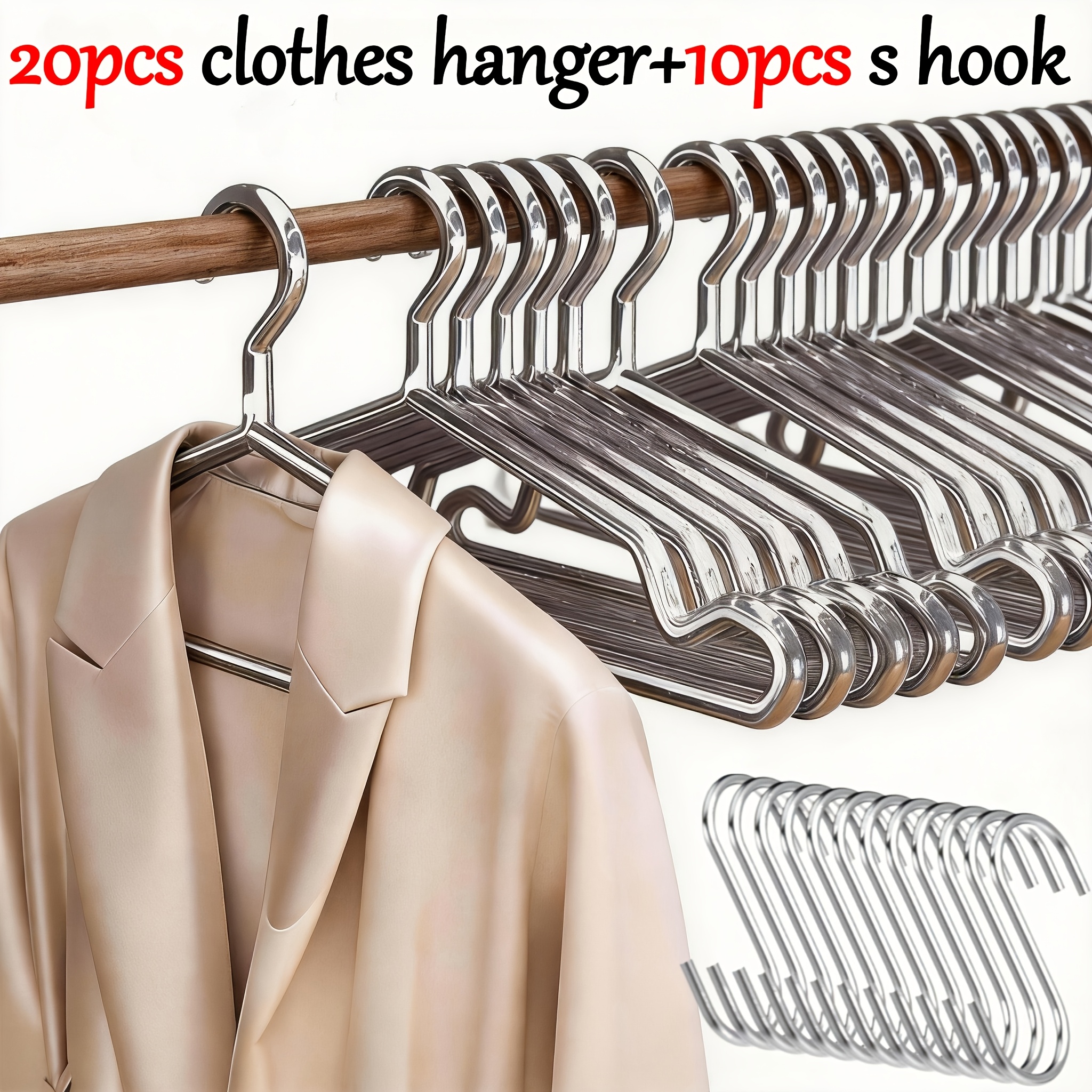 Image of 30pcs (20 Hangers + 10 S Hooks) Silver Metal Clothes Hangers Set, Heavy Duty Space Saving Closet Hangers For Shirts, Jackets, Trousers & Suits Organization