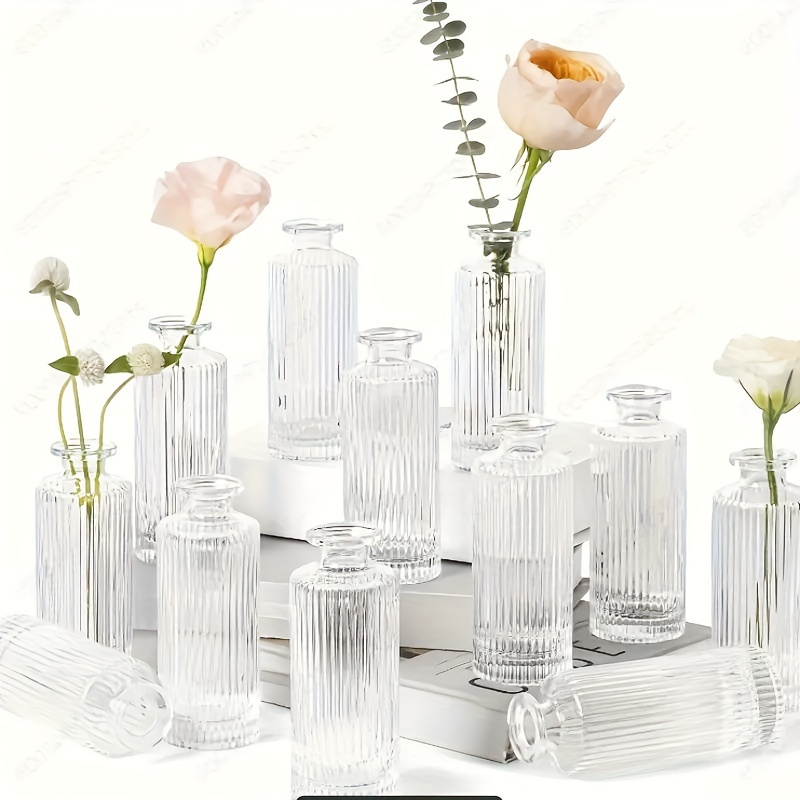 

12pcs/set Of Vintage Vertical Striped Glass Set, Transparent Glass Desktop Vase For Office Wedding Banquet Home, Room Decoration