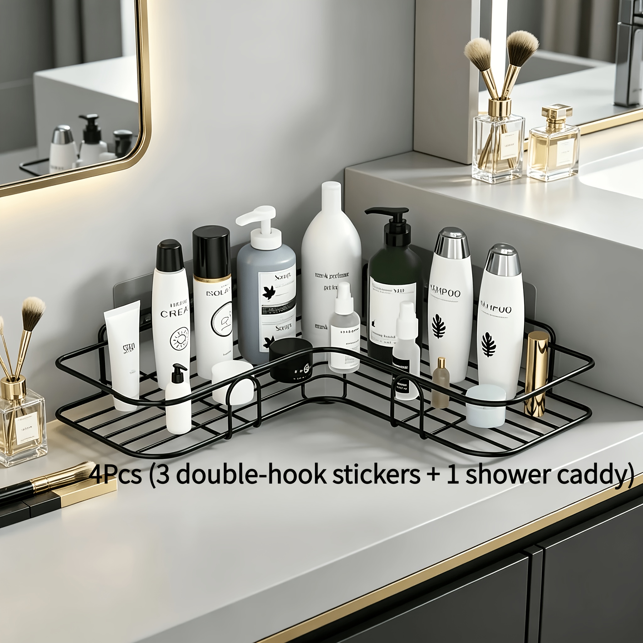 4pcs Corner Shower Caddy - 3 Adhesive Patches And 1 Shelf, Wall Mount Bathroom Organizer, Rust Proof, For Shampoo, Lotion, Cosmetics, Shower Caddies