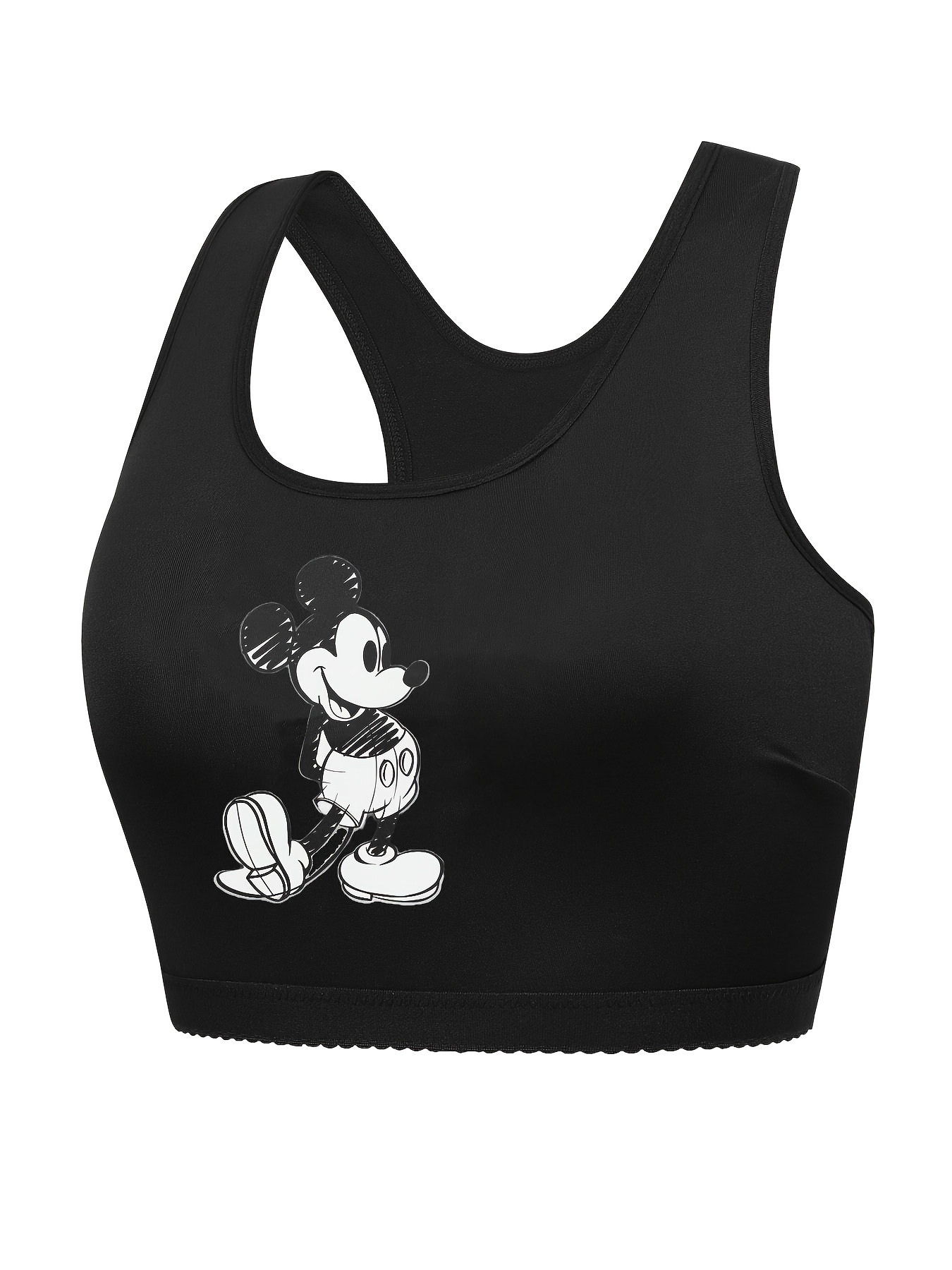 Plus Size Women's Sporty Racerback Bralette - Cute Cartoon Print Stretchy Comfort Fit, No Underwire & No Padding, Hand Wash Only, Black, Sports Bras, Workout Accessory, Playful Design, Midcoverage Top
