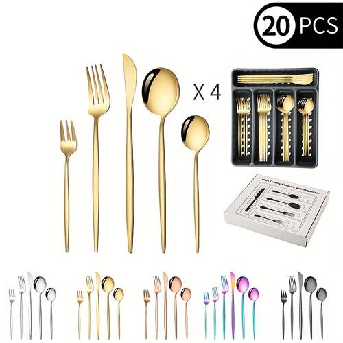 20pcs Stainless Steel Cutlery, Portuguese Series Western Tableware, Western Knives, Forks, And Spoons, Pull-out Storage Box, Fine Mirror Polishing, Dishwasher Safe, Suitable For Kitchen, Restaurant, Banquet, And Gathering
