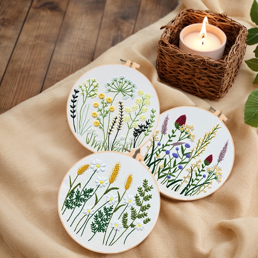 3pcs Embroidery Kit with Hoops Flower Pattern for Adults & Beginners