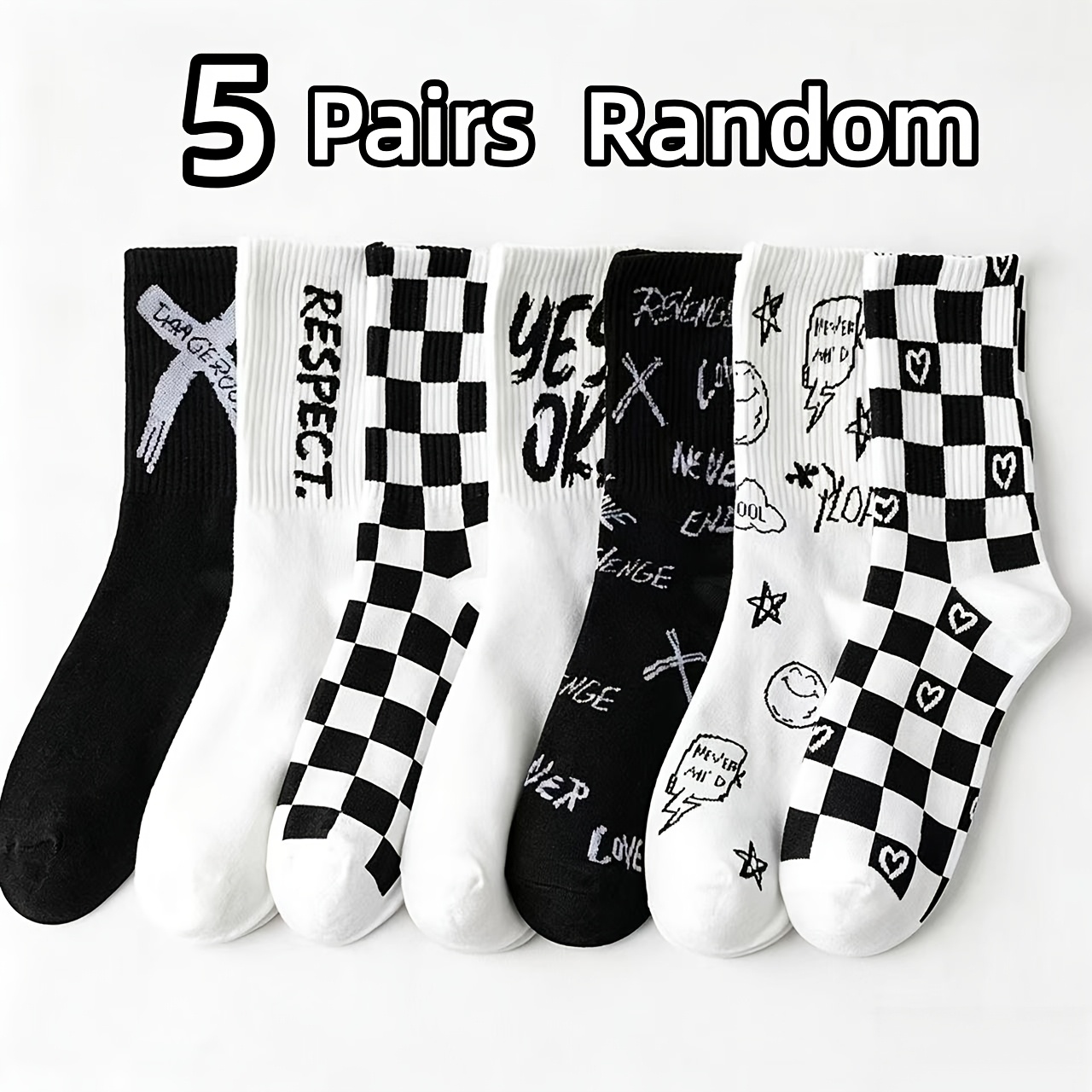 TEMU 5/7 Pairs Random Unisex Black-and-white Checkered Mid-calf Socks, Soft Comfy Letter Printed Sports Socks For Men And Women
