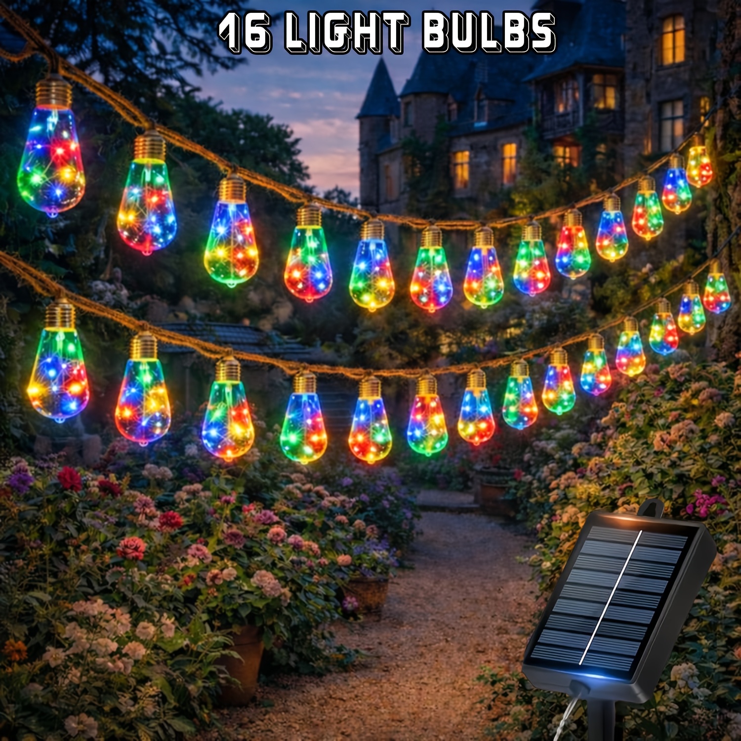 Image of Solar Vintage Hemp Rope String Lights, 16/10 Led Bulbs Hanging Garden Light Strip, 8 Flashing , Suitable For Birthdays, Parties, Gardens, Fences, Shops, Weddings, Camping, Trees