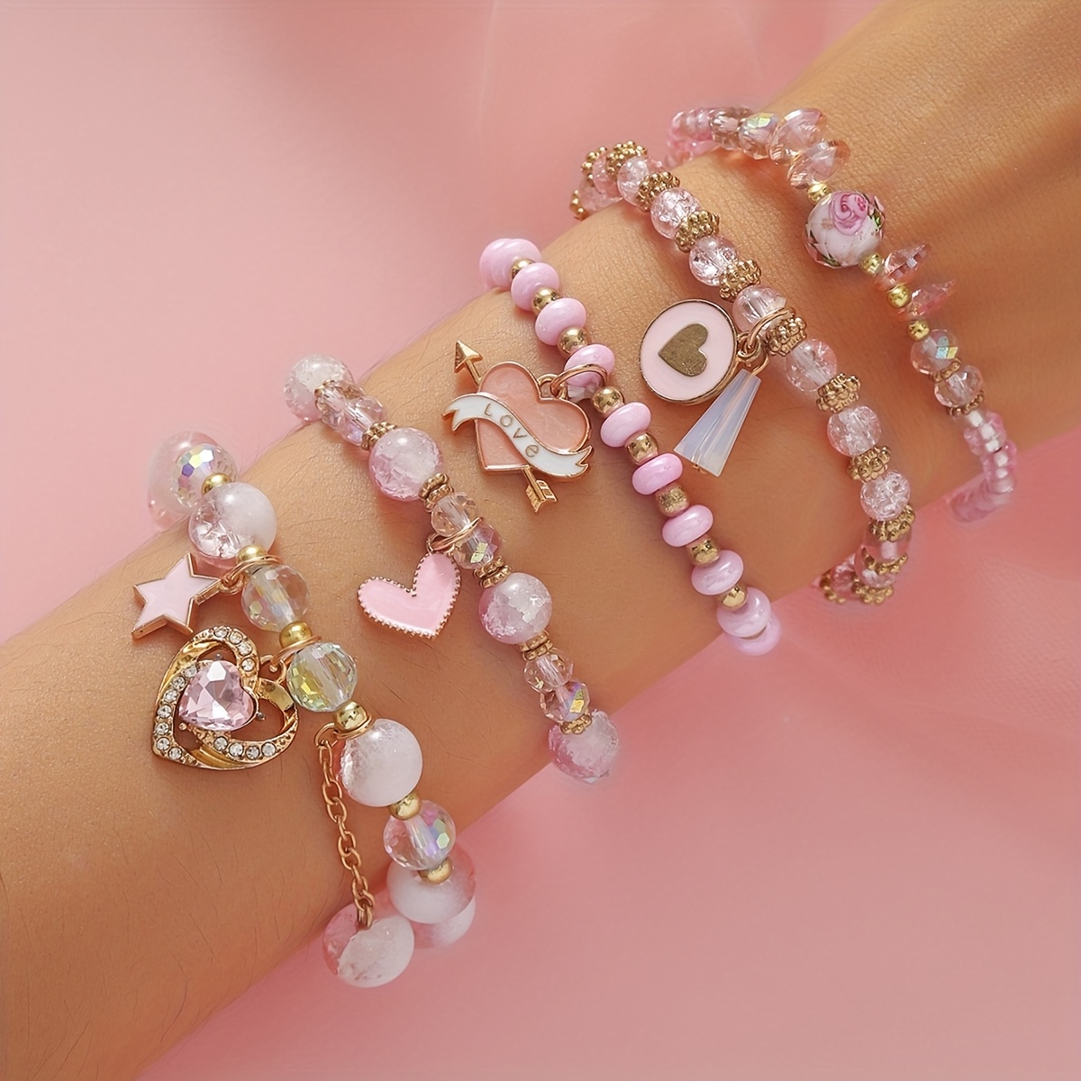 TEMU 1 Set 5pcs Bohemian Vintage Glass Beaded Bracelet With Heart Pendant, Sweet And Elegant Exquisite Sparkling "love" Letter Arrow-through-heart