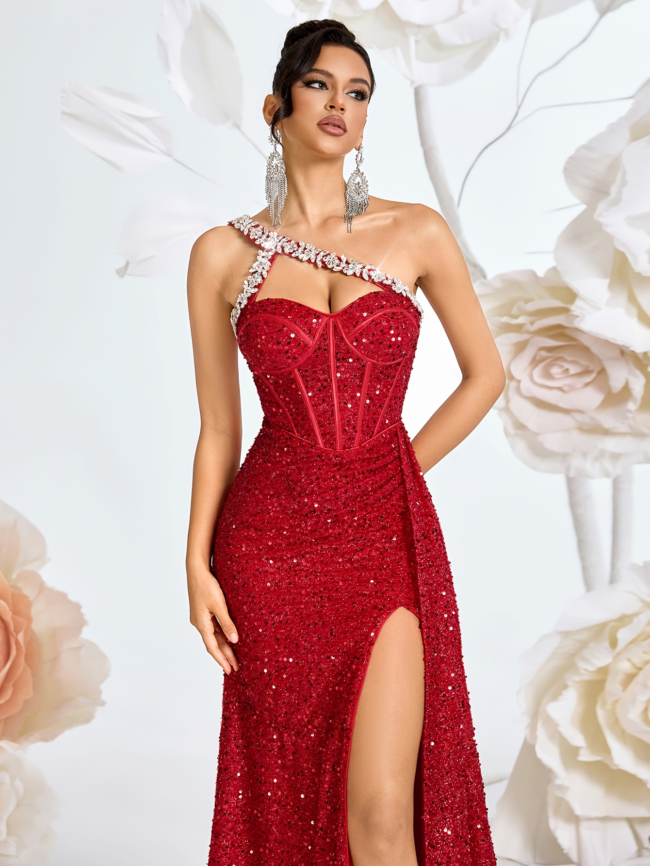 strapless open back dress Red Long Sleeve Midi Bodycon Dress – Elegant High Neck Bell Sleeve Fit