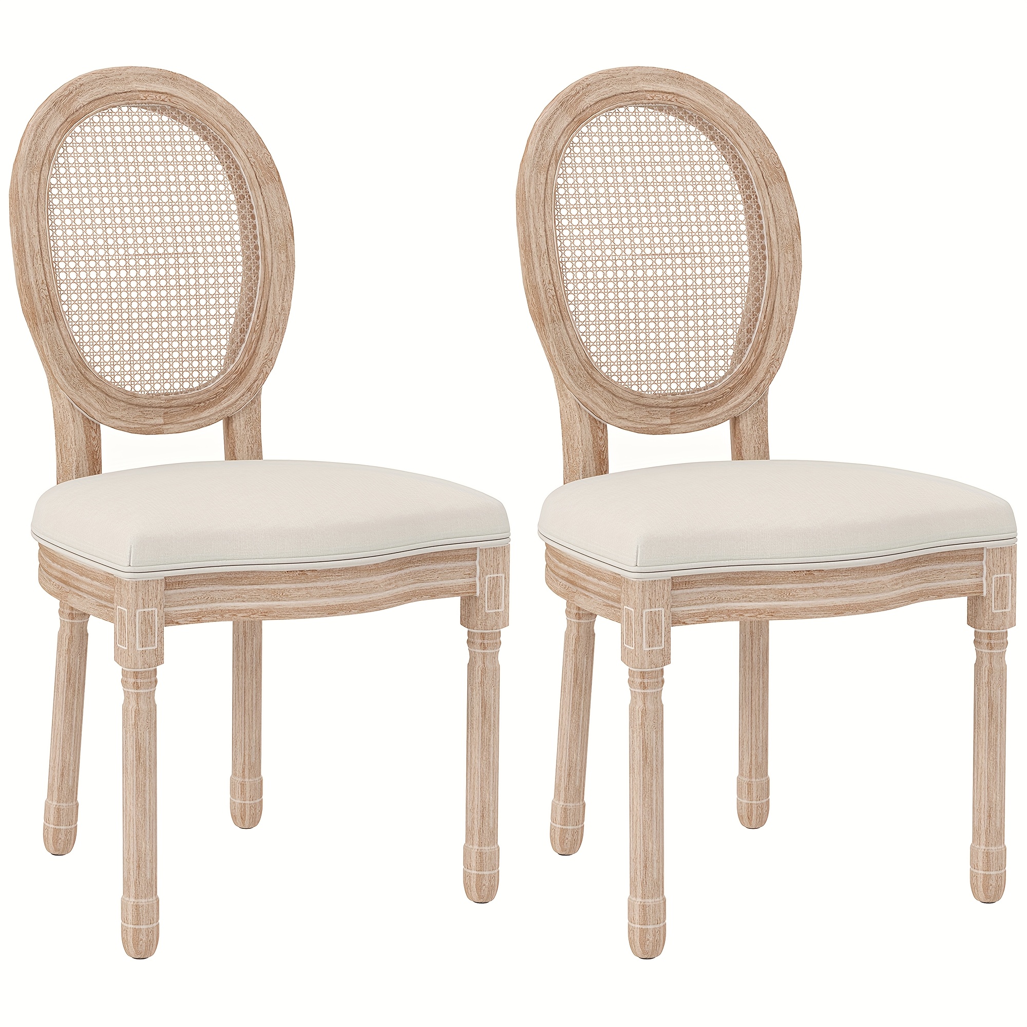 TEMU Juego de Sillas para Comedor de 2 Piezas con Respaldo, de Lino y Ratán, Patas de Madera, Color Crema