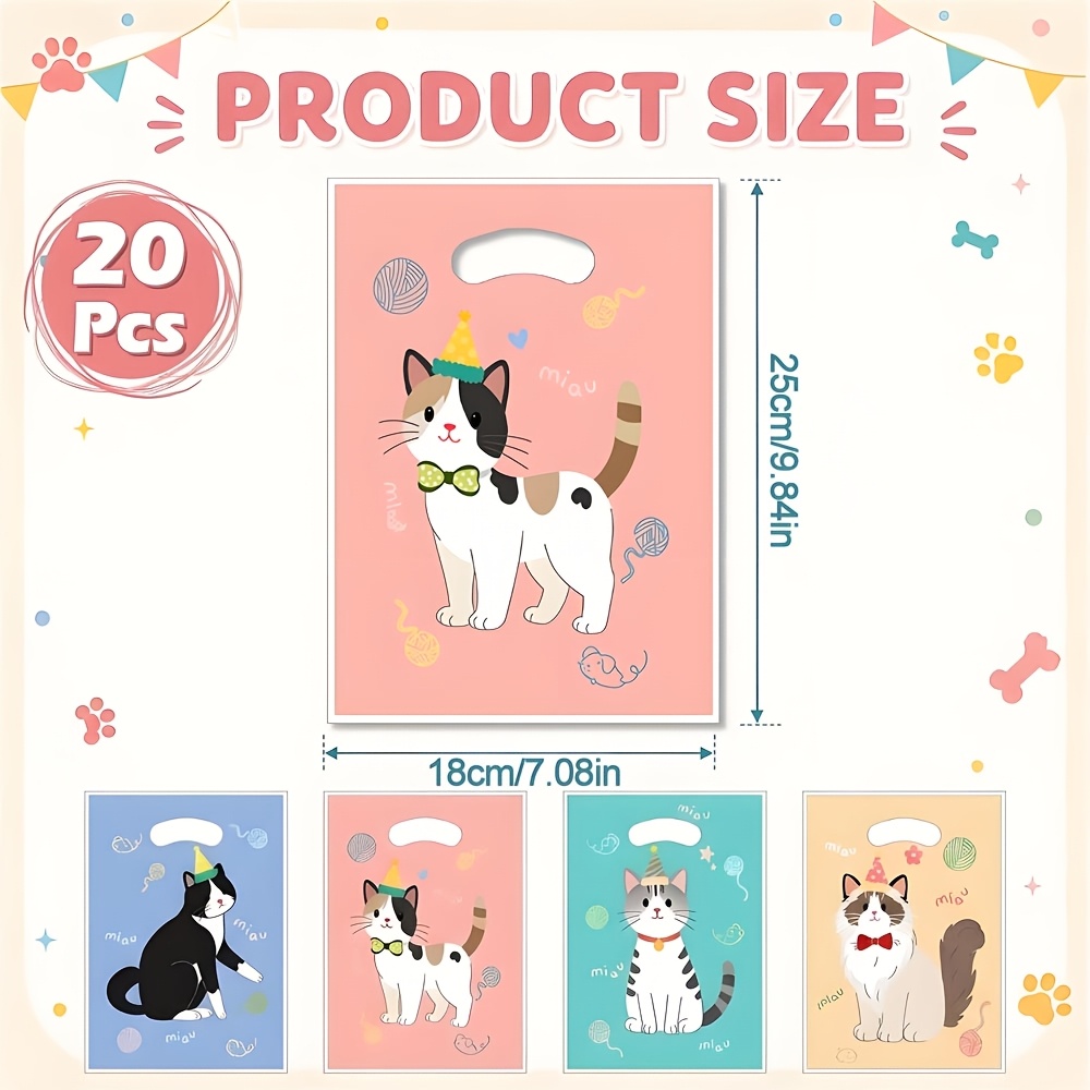 TEMU 10/20/50pcs Pet Cat Birthday Party Supplies Vintage Cat Gift Bags Kitten Birthday Party Favor Bags With Handle Kitten Face Gift Packing Bags For