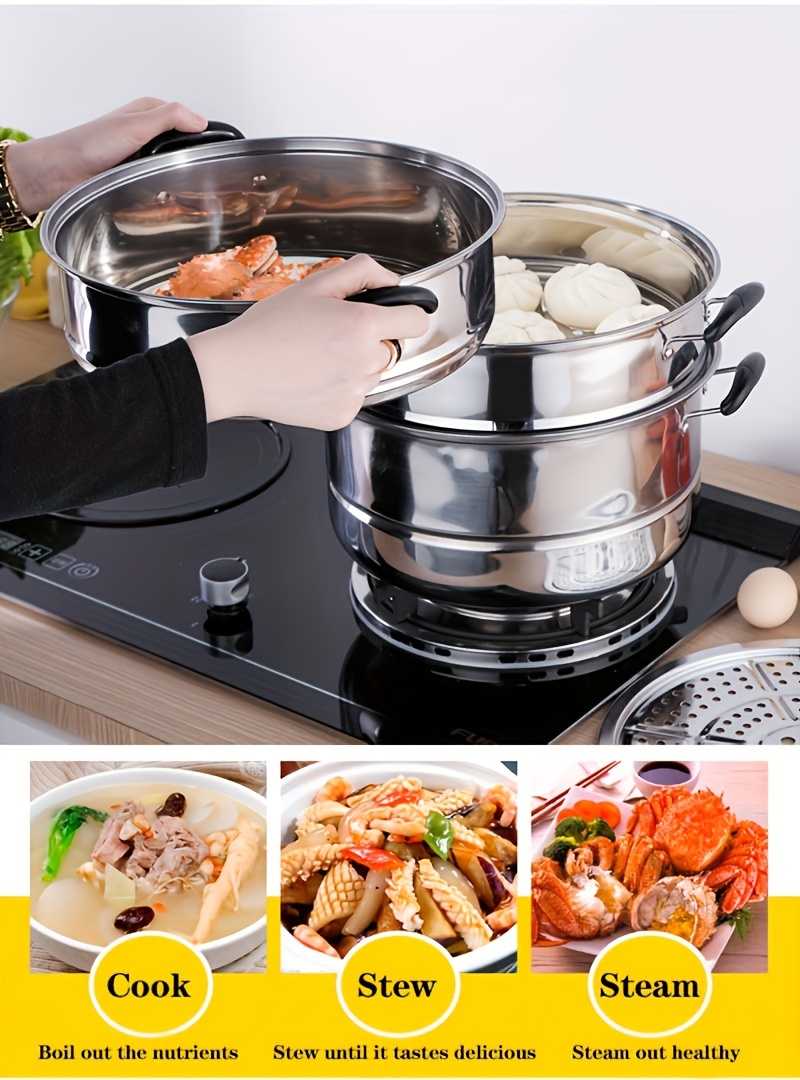 popular   3 layer multifunctional stainless steel steamer with lid ideal for vegetables dumplings soup sauce food   with induction cooker and gas stove details 3