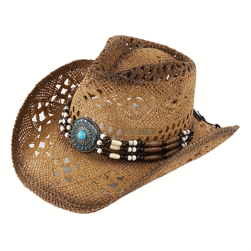 western cowboy straw hat women men summer sun hat beaded - Temu display picture 3