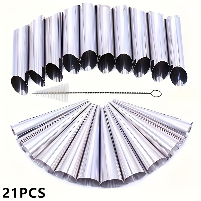 21pcs Stainless Steel Cream Horn Mold Set, Durable Multi-functional , Cream Horn, Croissant, Includes Cone Mold And Cleaning Brush, Kitchen Baking Additions, Christmas Gift