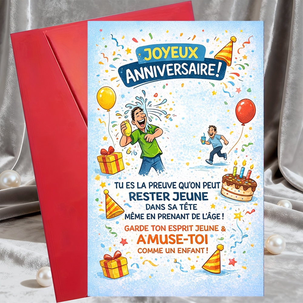 TEMU 1 Carte de vœux + 1 Enveloppe - Carte d'anniversaire française amusante Joyeux Anniversaire - le cœur - Humour ludique , elle, amis, collègues -