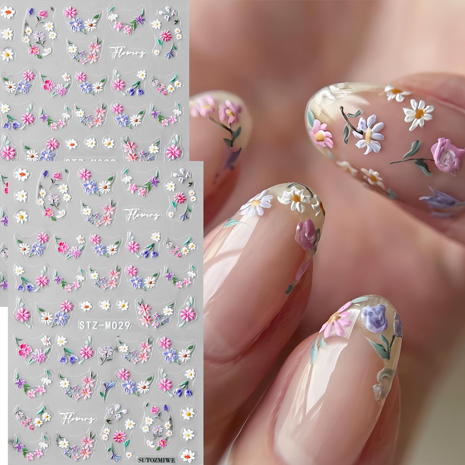 Image of 2pcs Pink Ditsy Nail Stickers Tip Floral Petal Leaf 3d Nail Art Decals Summer Wedding Nail Supplies Diy Holiday Party Nail Charms Decorations
