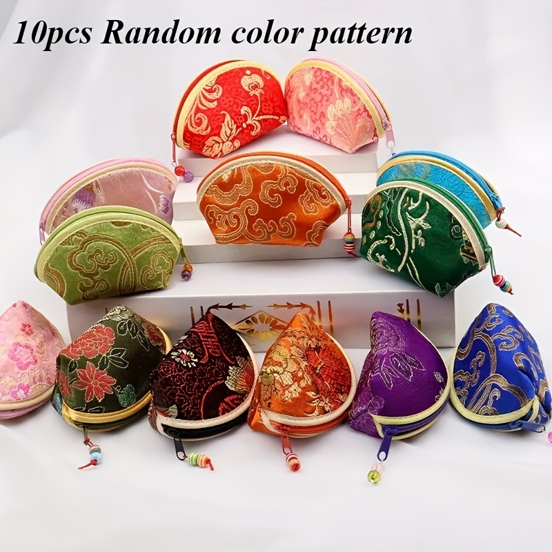 TEMU 10pcs Assorted Chinese Embroidered Coin Purses, Fabric Zipper Jewelry Gift Pouches, Traditional Floral Pattern, , Small Size Travel Purses