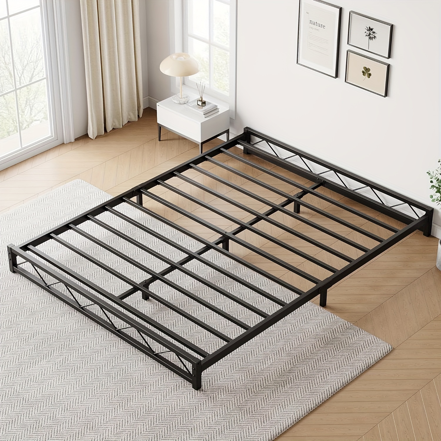 

6 Inch Metal Platform Bed Frame With Pattern With Steel Slat Support, Mattress Foundation, Spring Needed, Easy , Black