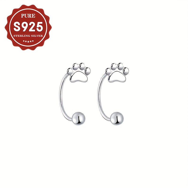 S925 Silver Women's Hoop Earrings Cat Paw Ear Hook Small