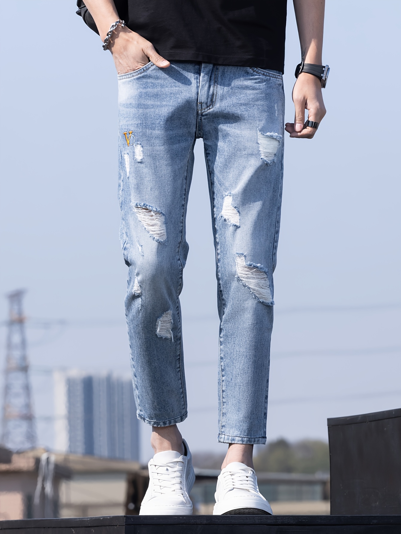 mens stretchy fit cropped jeans ripped straight leg Temu Australia