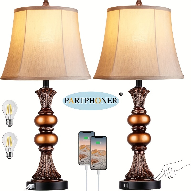 

Set Of 2 Traditional Table Lamp, 27"h Bedside Lamps With 2 Usb Charging , 3-way Dimmable Bronze Large Nightstand Lamps Faux Silk Shade For Living Room