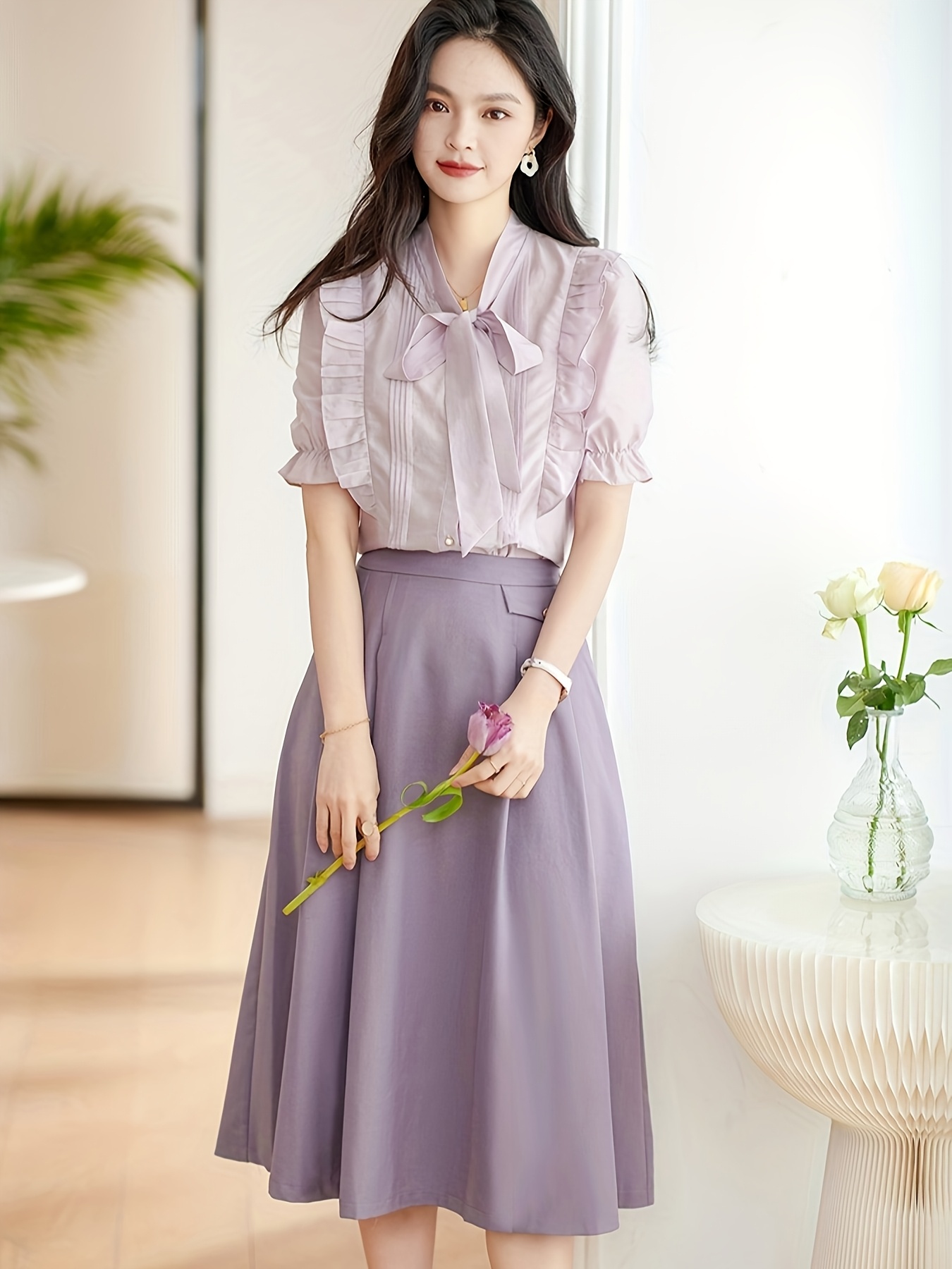 Newness Lavender Fields Bow Blouse Suit A chic lavender suit featuring an elegant bow blouse Perfect for special occasions or adding a touch of sophistication to your everyday style