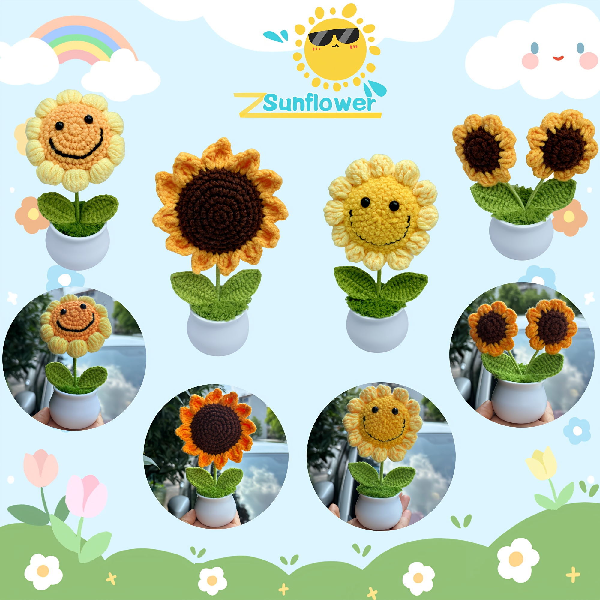 

Hand-crocheted Sunflower Pot With Customizable Cards - Choose Single Or Double Flower Design, Perfect For Desk & Car Decor, Ideal Gift For Friends, Family, And Classmates Mini Flowers For Crafts