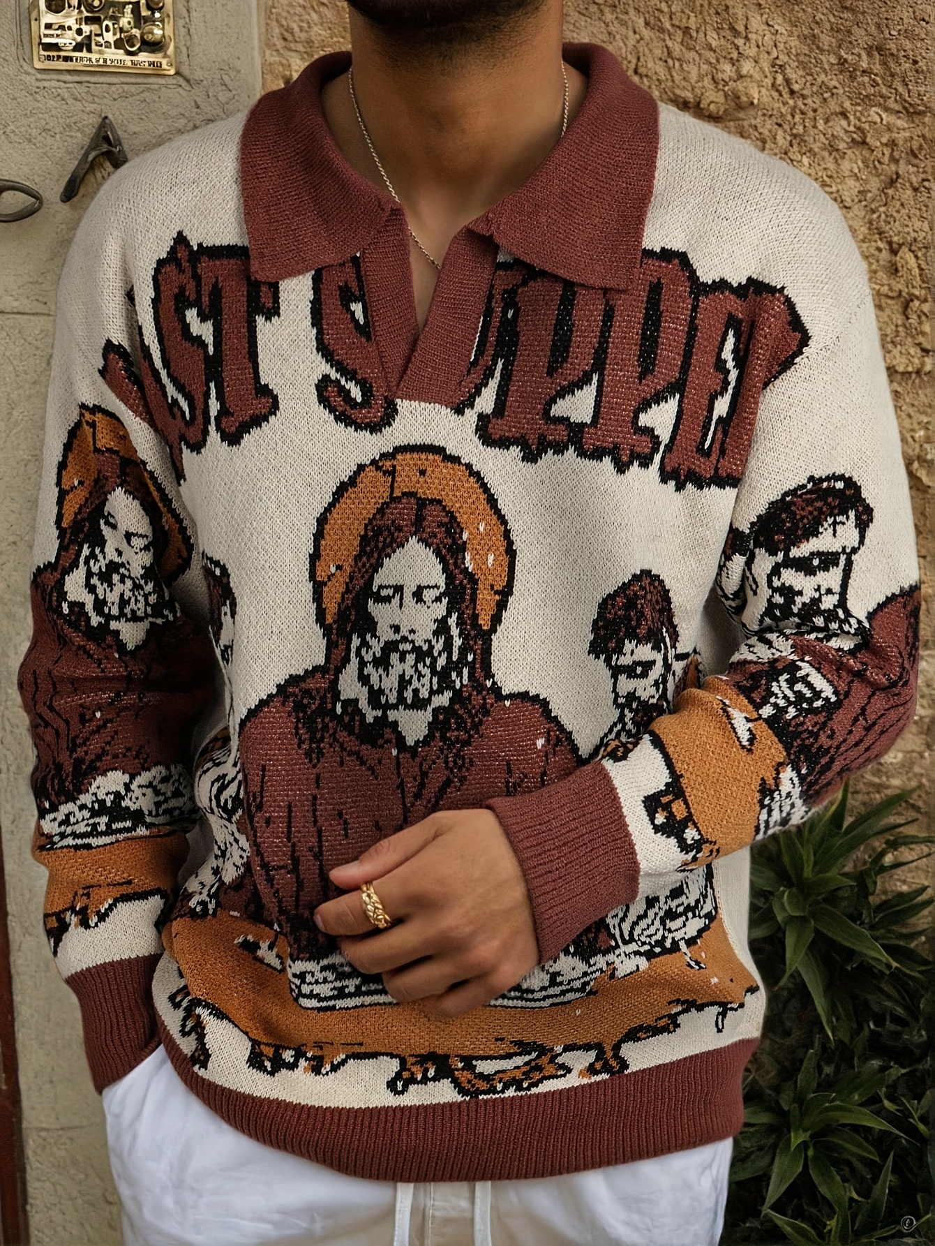 Spring, Autumn, Winter Unisex European and American Style Casual "The Last Supper" Jesus Letter Pattern Jacquard Loose Fit Commuter Versatile College Style Long Sleeve Half-Open Placket Lapel Knit Fabric Top