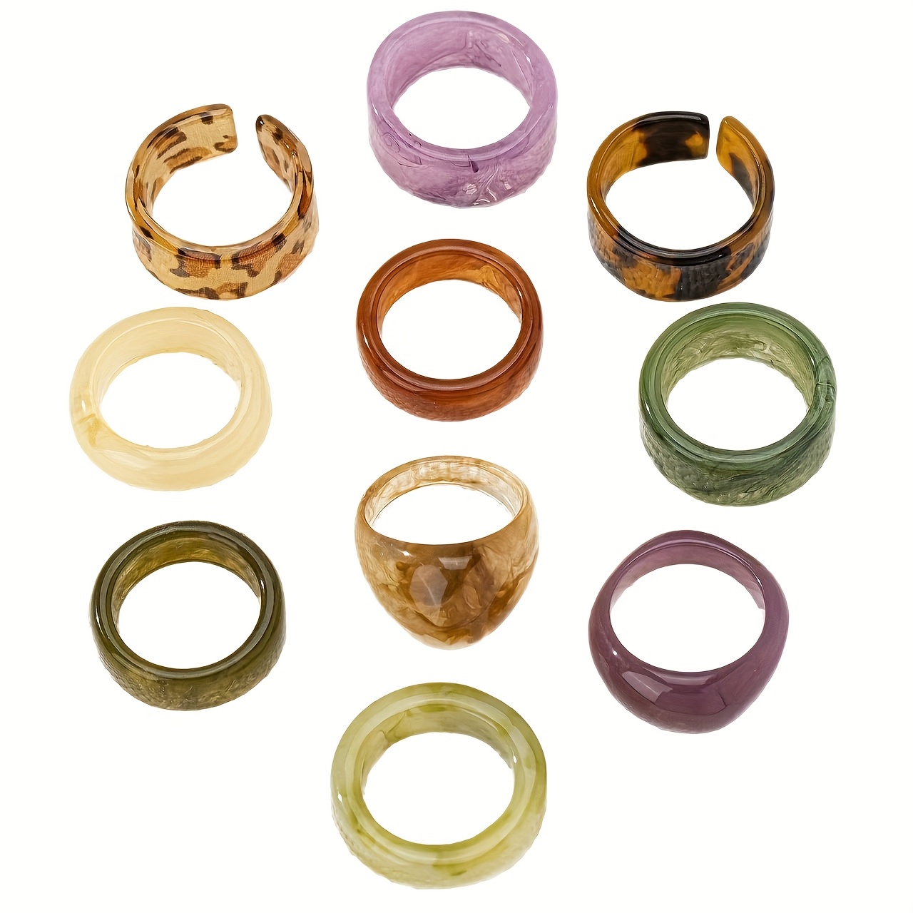 10pc Bohemian Style Fresh Pastel Resin Ring Set