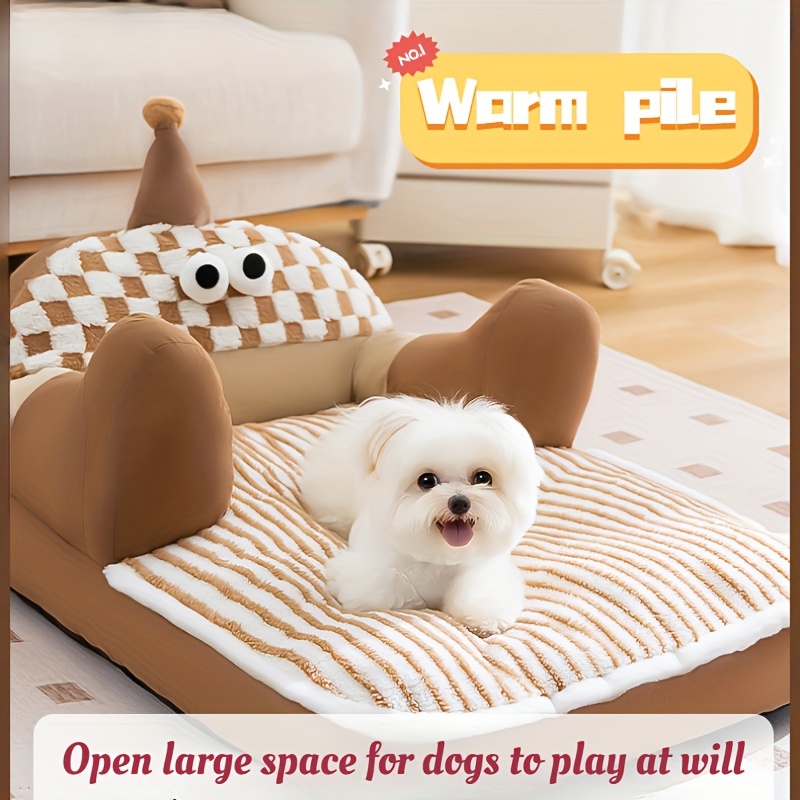 cozy     sofa bed for small to medium dogs and cats soft warm   plush nest with checkered pattern and adorable eyes design beige brown polyester fabric pet sleeping sofa   design plush fabric bed Product details 3
