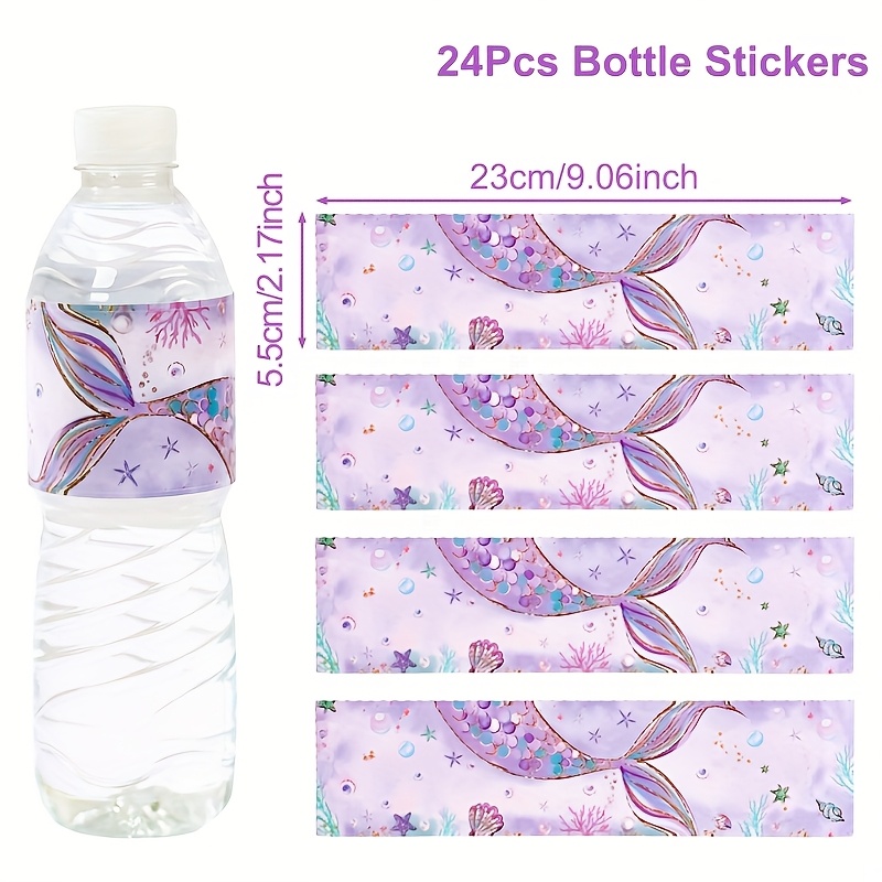 Image of 24pcs, Mermaid Theme Bottle Stickers, Happy Birthday Party Decoration, Little Mermaid Party Water Bottle Stickers, Beverage Paper Sticker, Wedding Baby Shower Party Packs