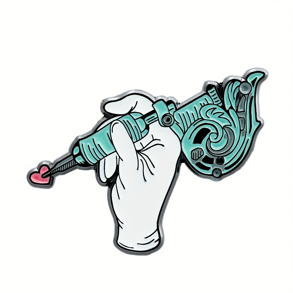 TEMU 1pc Creative Tattoo Gun Red Heart Brooch Enamel Brooch Fun Decoration Brooch Lapel Badge Accessory, Gift Brooch, Used For Backpacks, Fashion